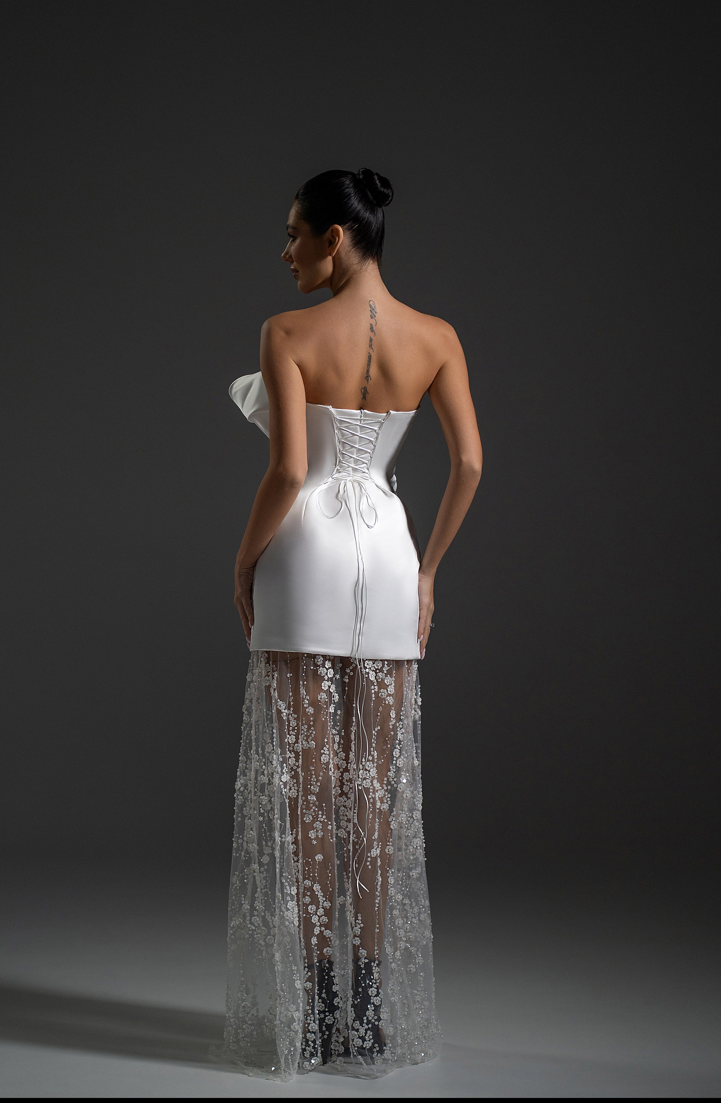 Full-length back view of Serene Maxi Dress with sheer embellished maxi skirt