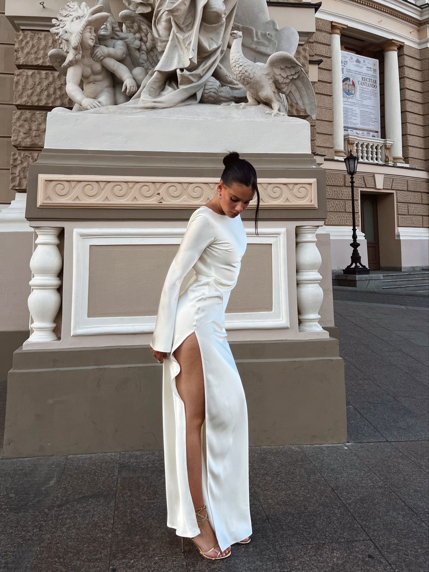Naomi ivory maxi dress with high slit for special occasions
