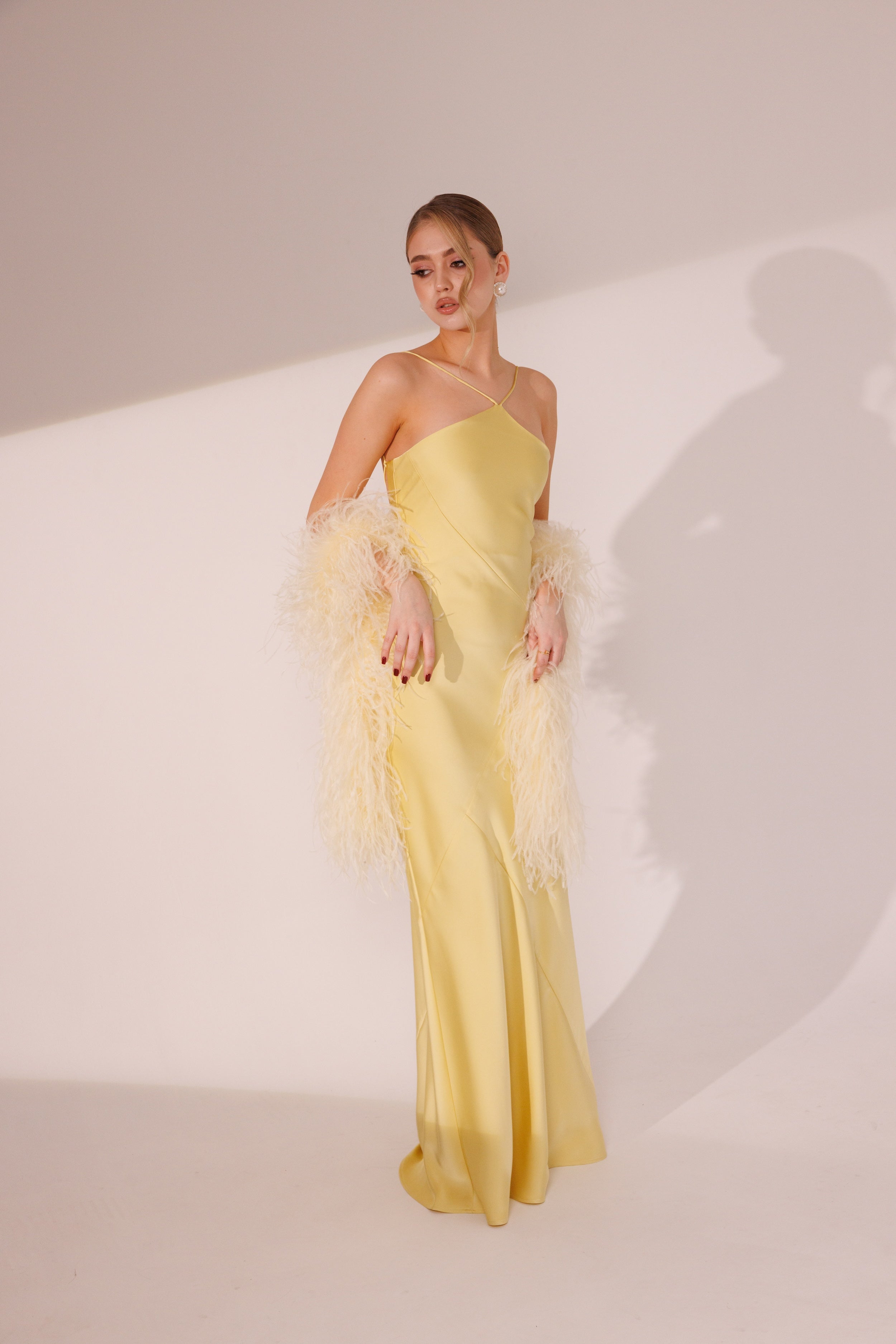 Full-length view of Elara yellow maxi dress by Lafatale Atelier