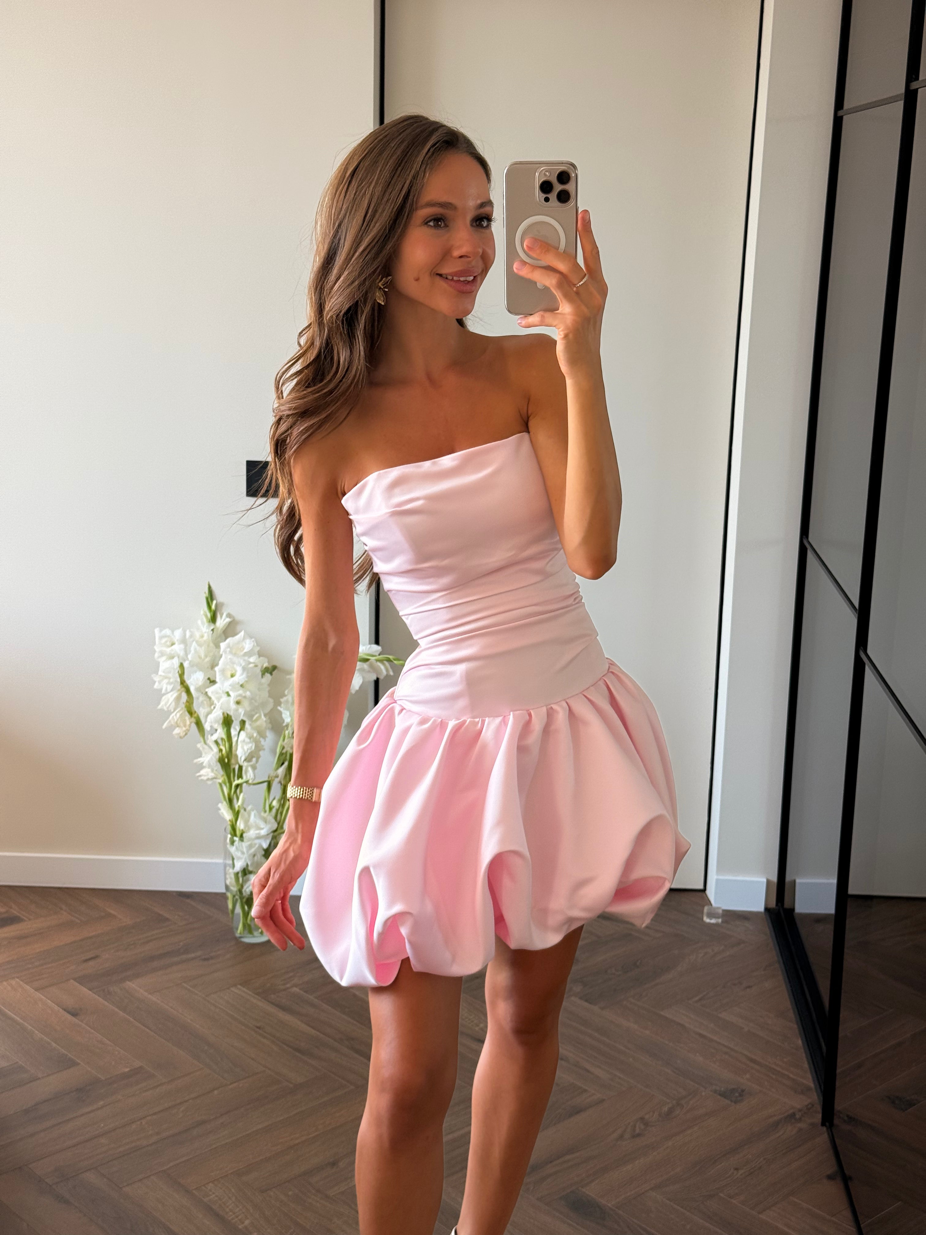 Mirror selfie of Flora Dress in pink color by Lafatale Atelier