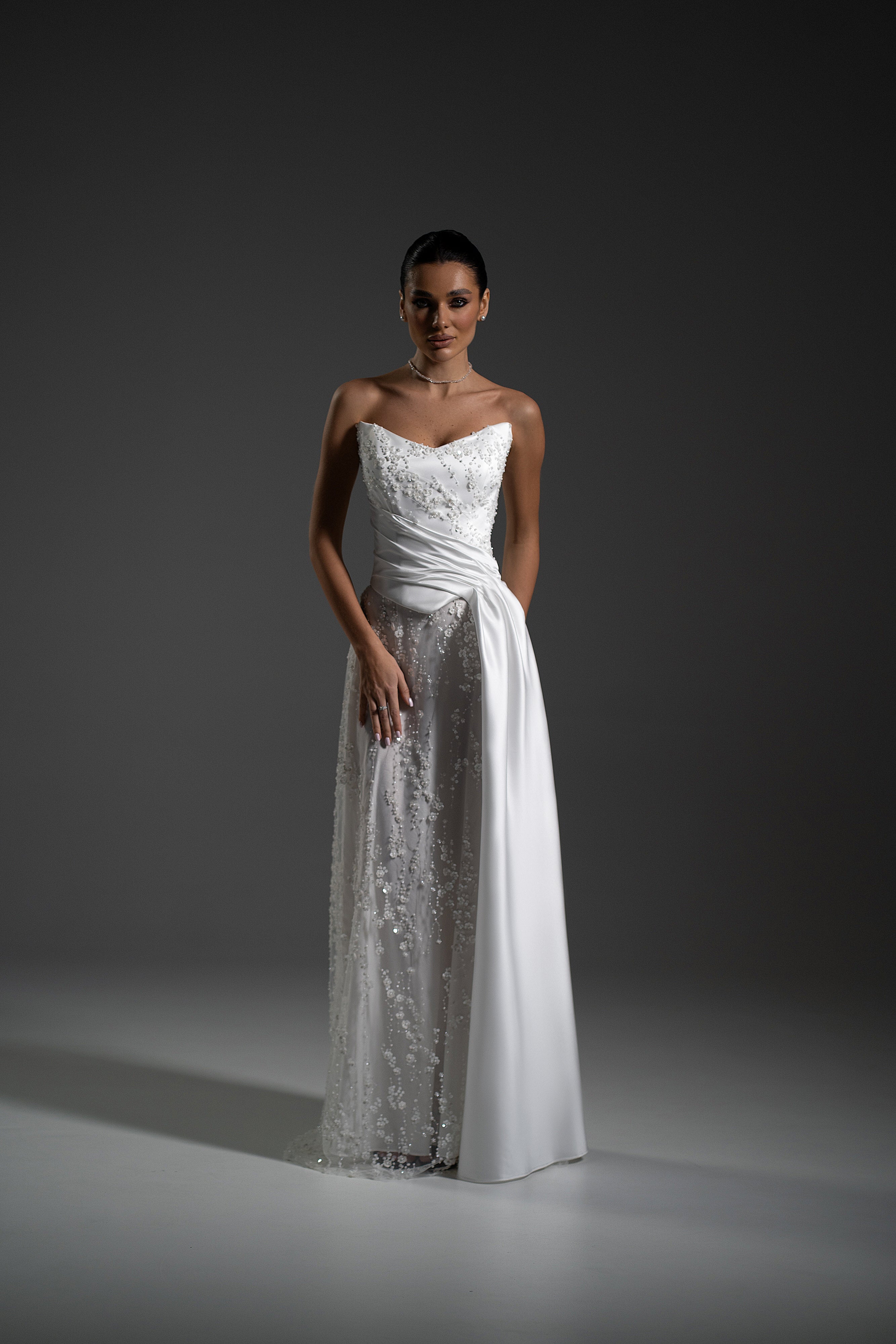 Aveline Dress in white color with lace corset and elegant maxi silhouette by Lafatale Atelier