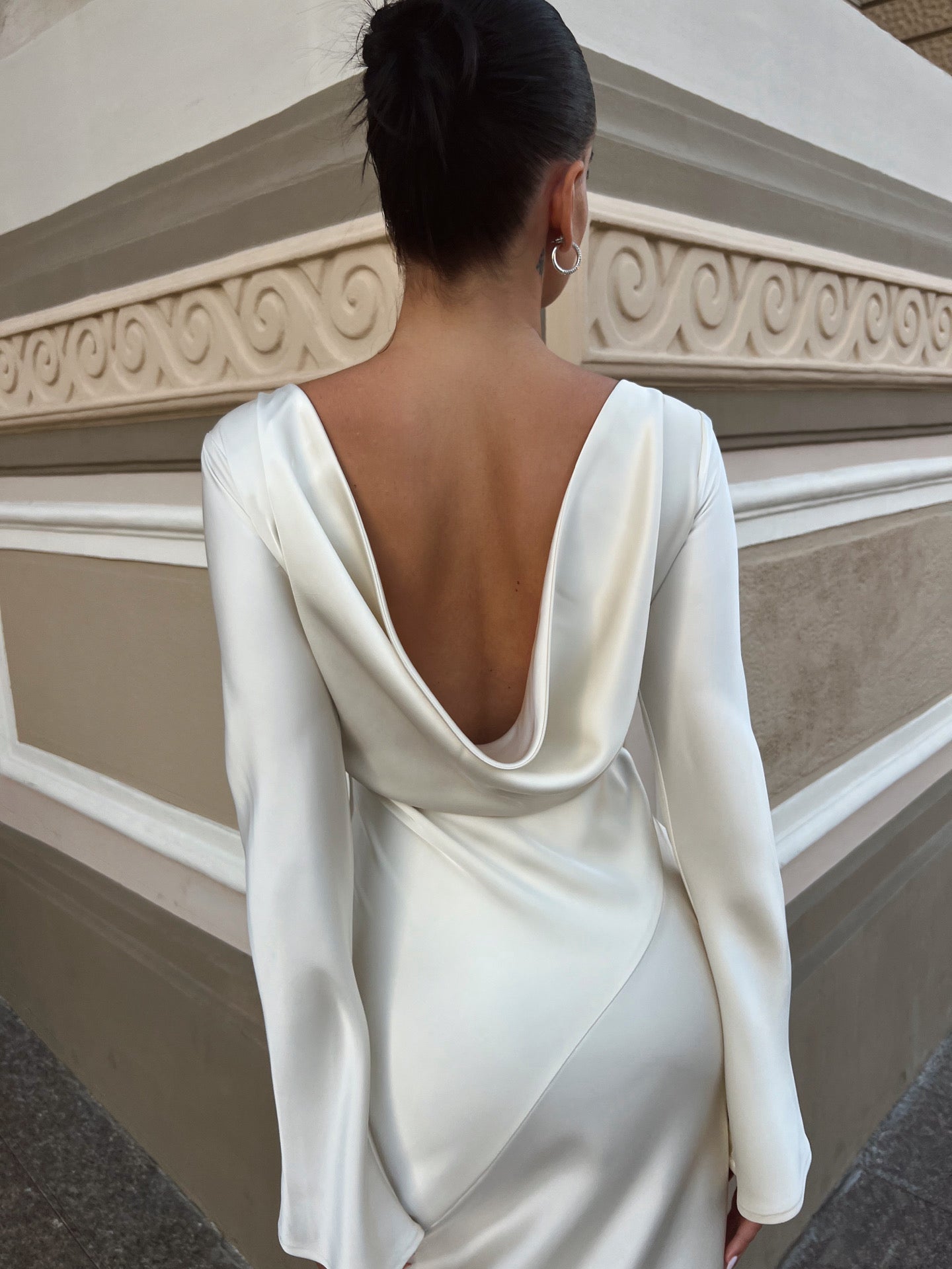Naomi Dress in ivory color with open back and elegant maxi silhouette by Lafatale Atelier