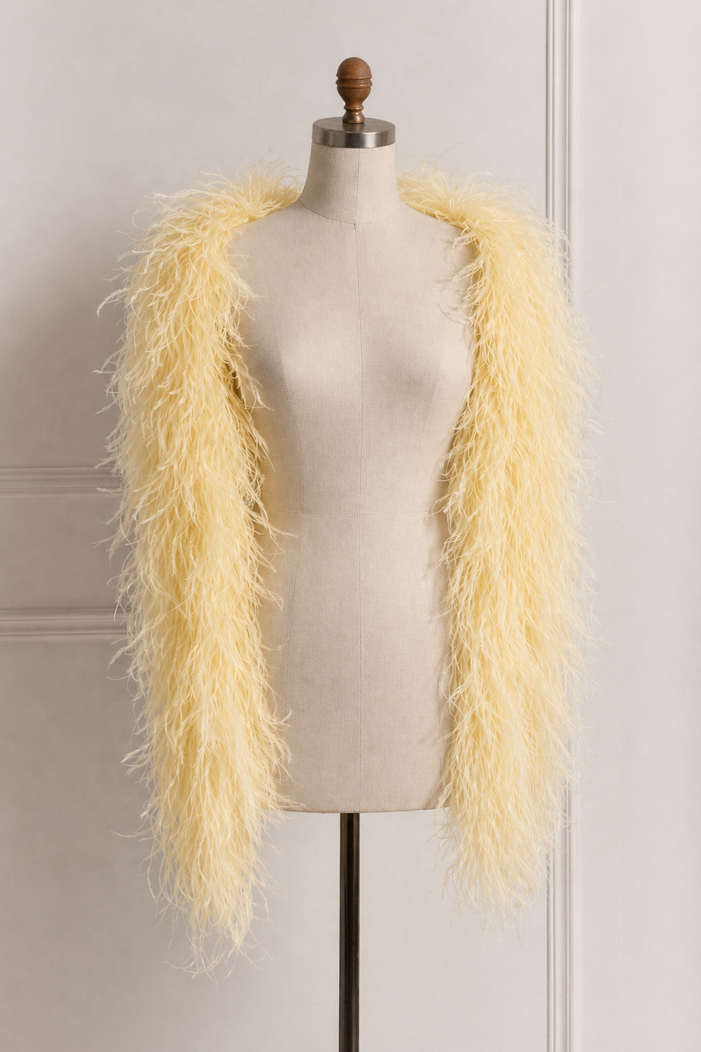 Natural Ostrich Feather Boa in yellow color on mannequin by Lafatale Atelier