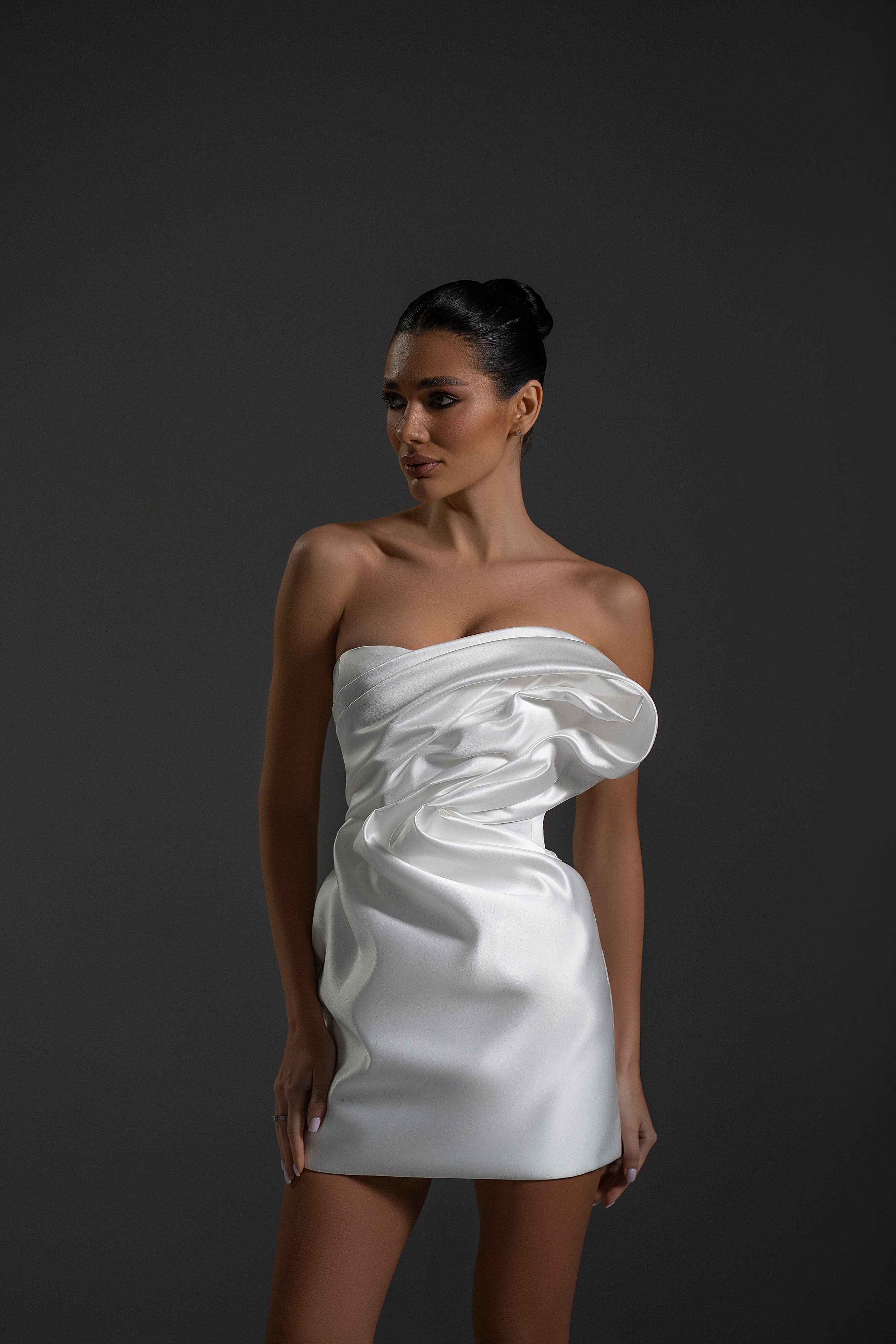 Front view of Serene Dress in white color with sculpted satin mini silhouette