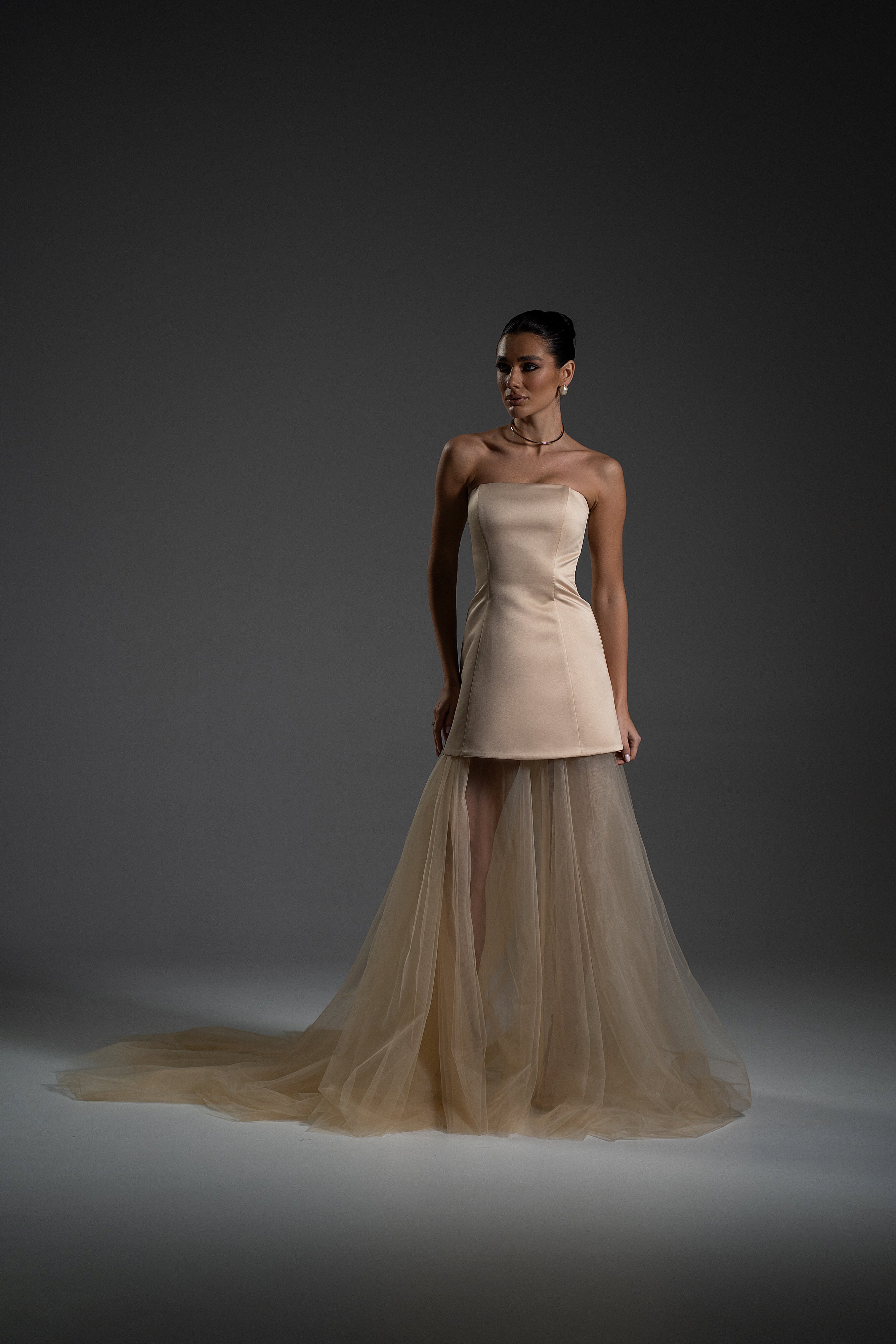 Voile Maxi Dress in champagne color with strapless mini bodice and sheer tulle maxi skirt by Lafatale Atelier