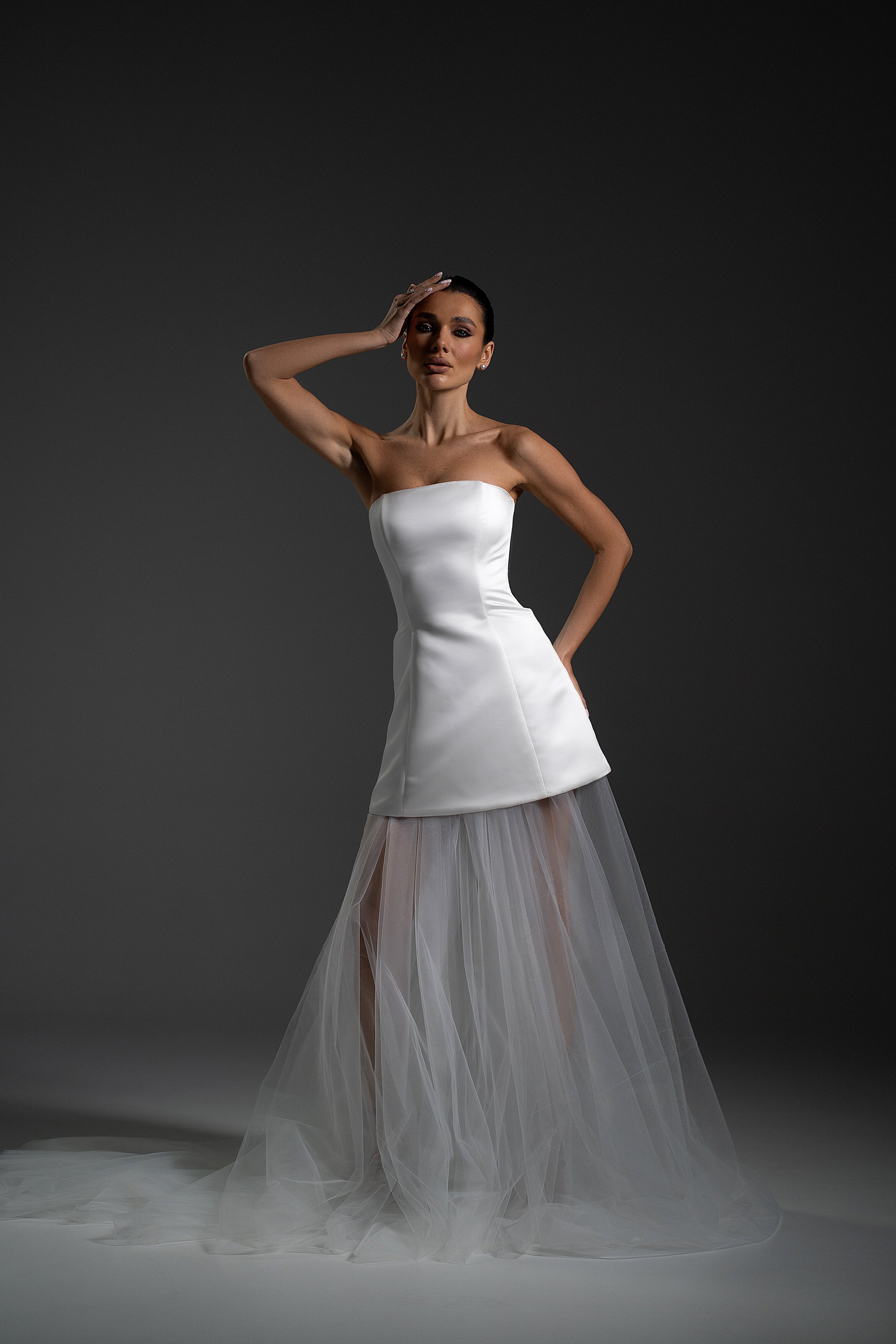Voile Maxi Dress in white color with strapless mini bodice and sheer tulle maxi skirt by Lafatale Atelier