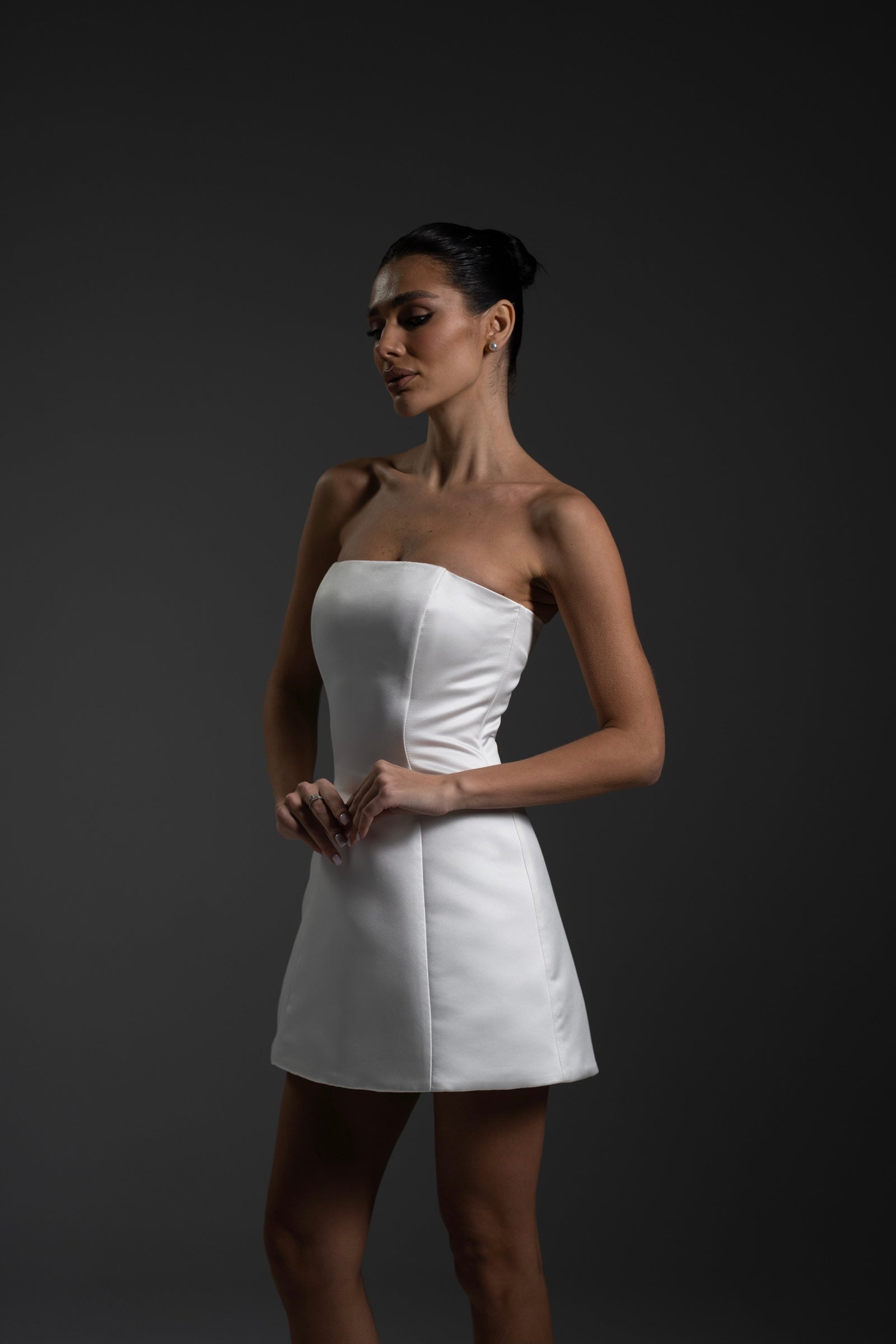 Voile Mini Dress in white color with strapless satin bodice by Lafatale Atelier