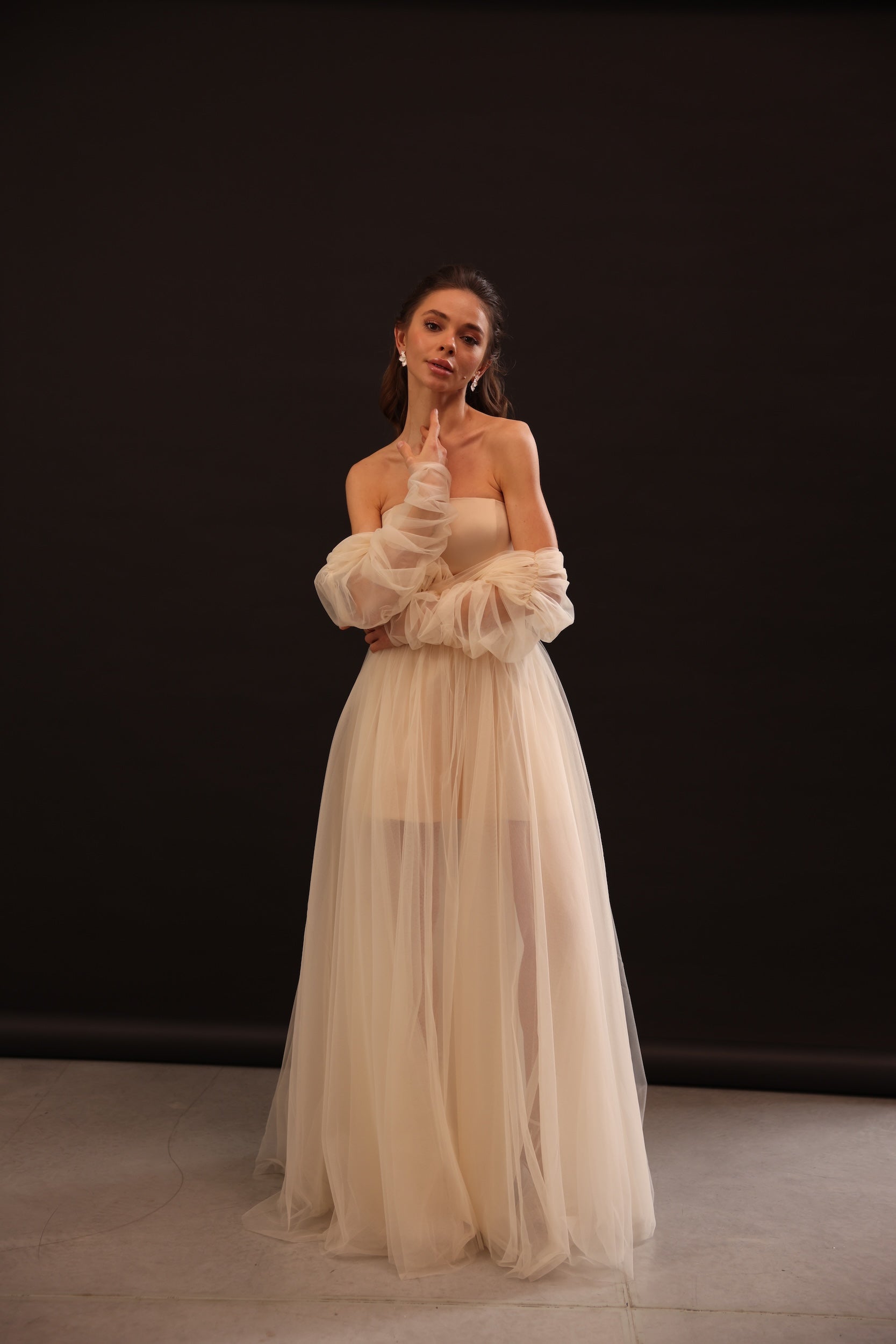 Voile Sateen Dress in beige color with strapless bodice and sheer tulle maxi skirt by Lafatale Atelier