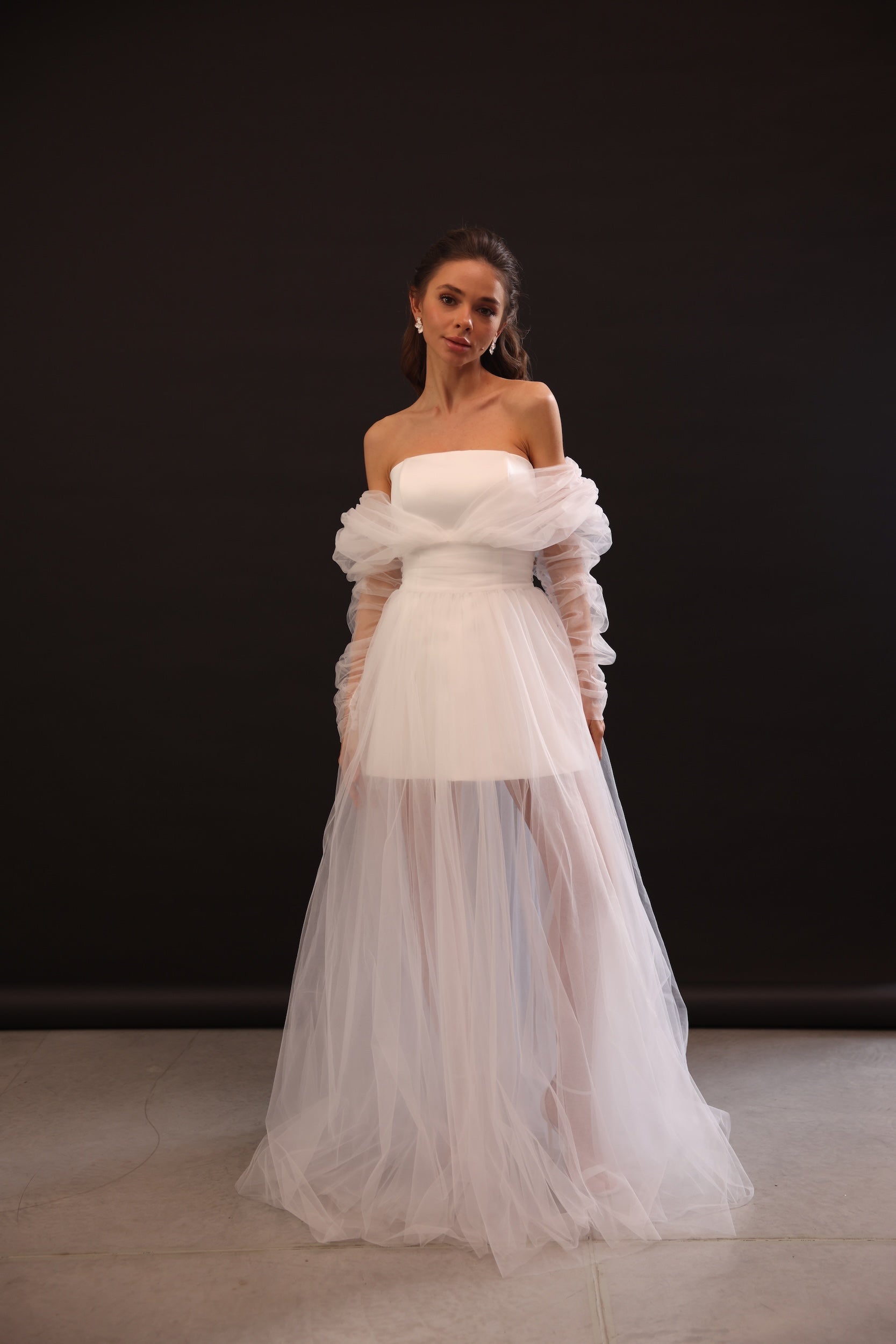 Voile Sateen Dress in white color with strapless bodice and sheer tulle maxi skirt by Lafatale Atelier