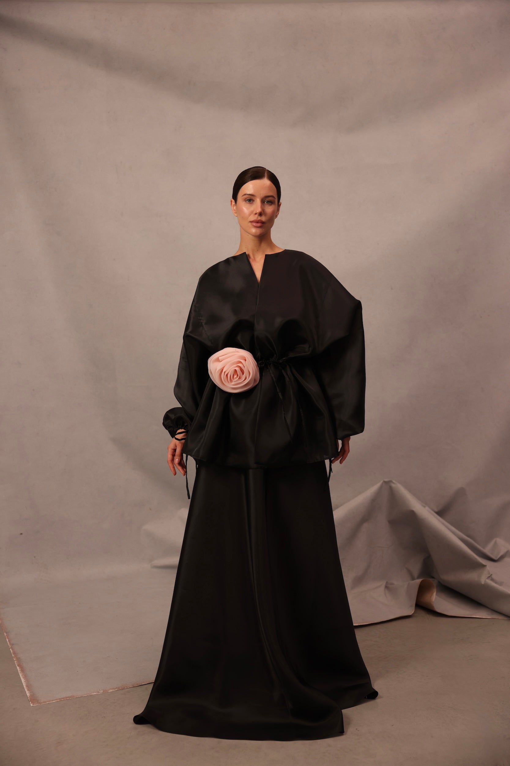 Front view of Set Comte black organza outfit for special occasions