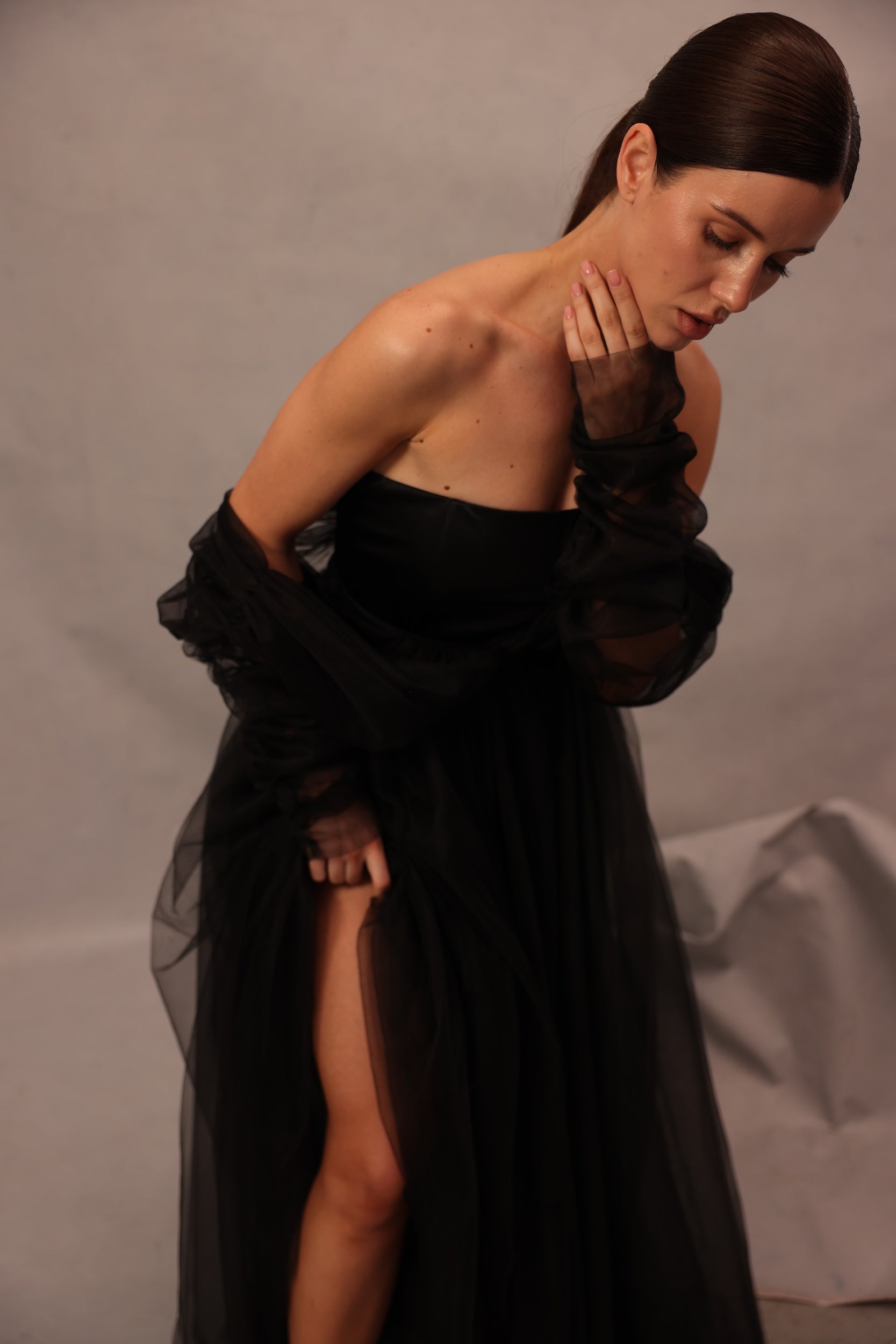 Side view of Voile Sateen Dress in black color for evening occasions