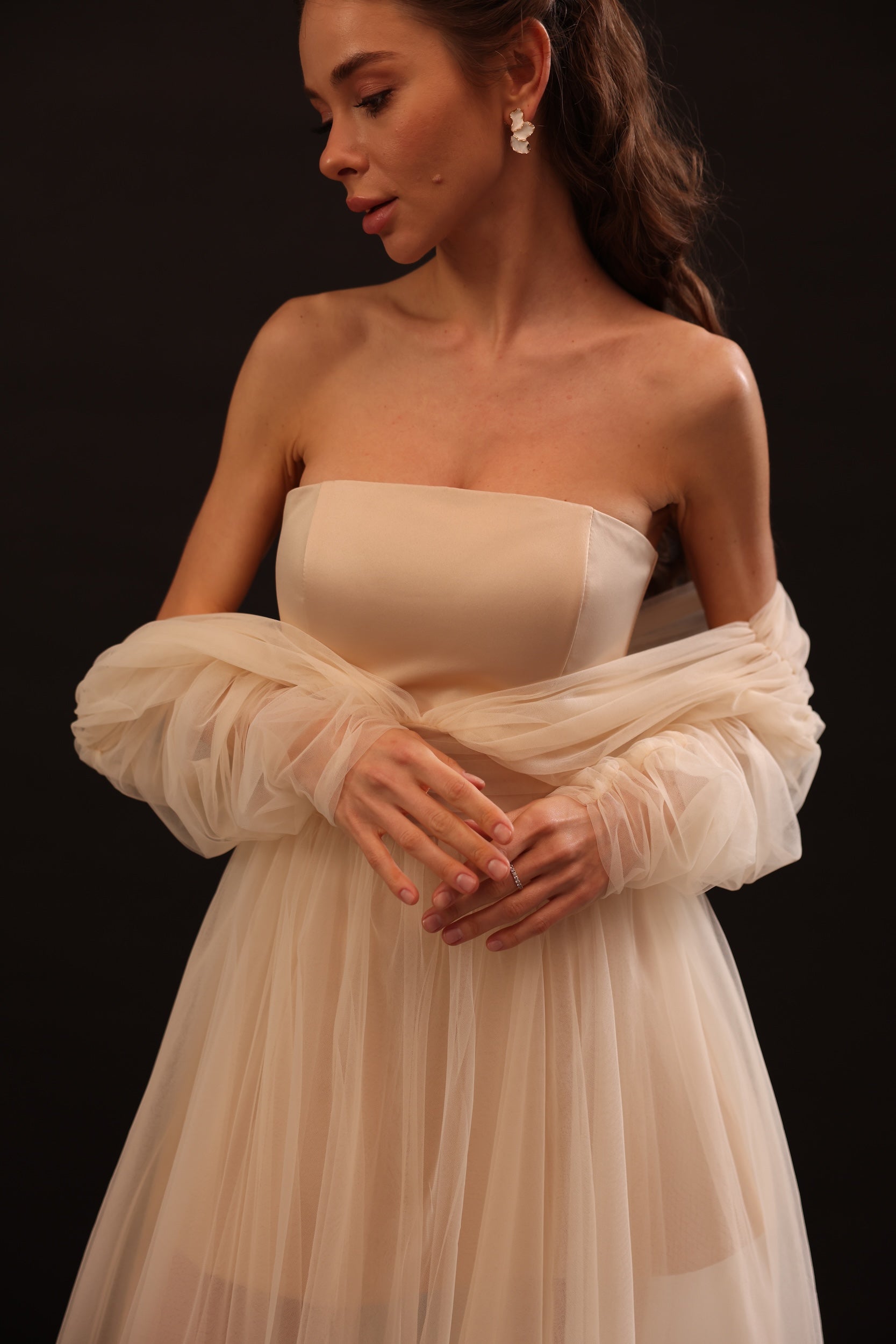 Front view of Voile Sateen Dress with soft tulle sleeves and maxi skirt
