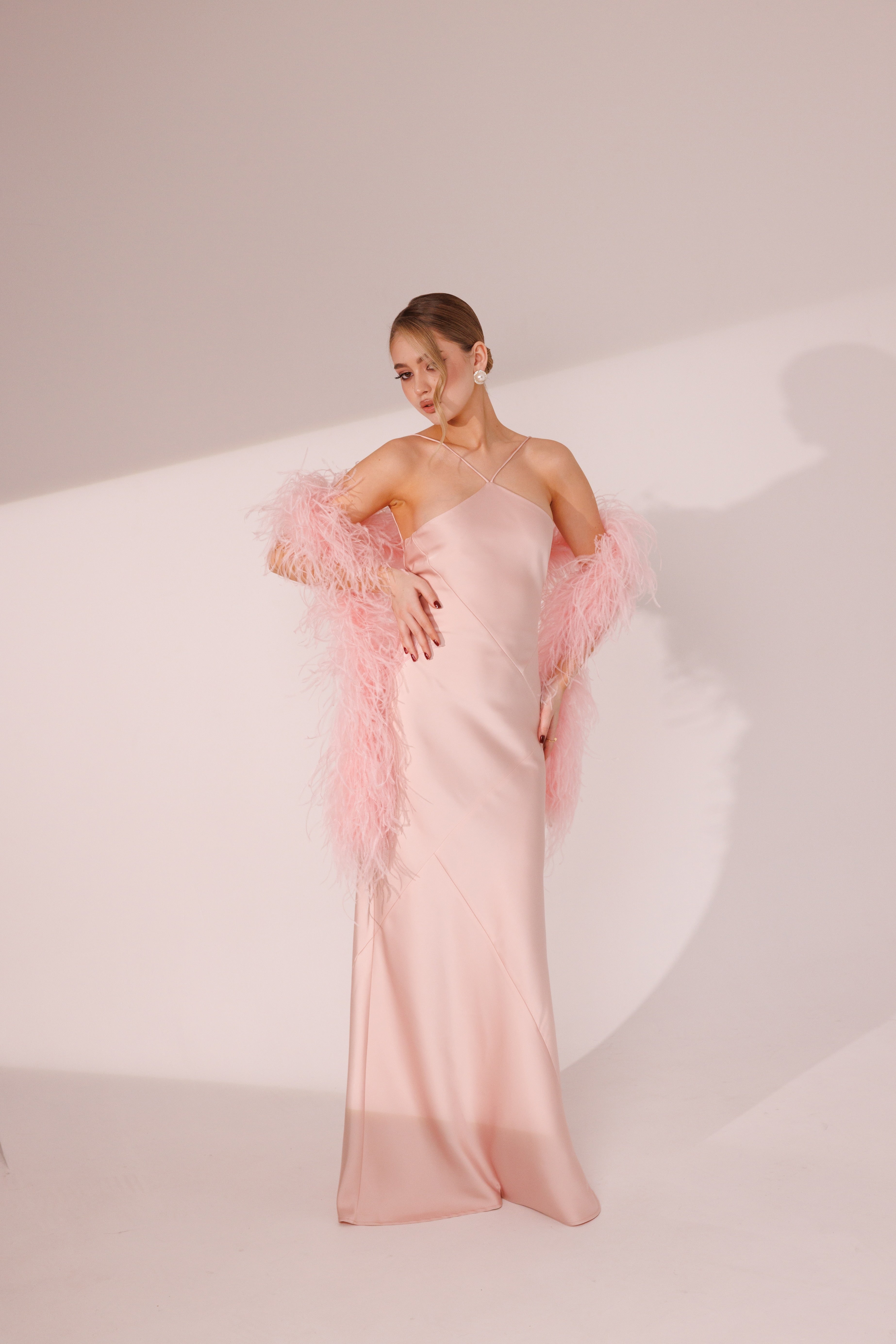 Full-length view of Elara Dress in pink color by Lafatale Atelier