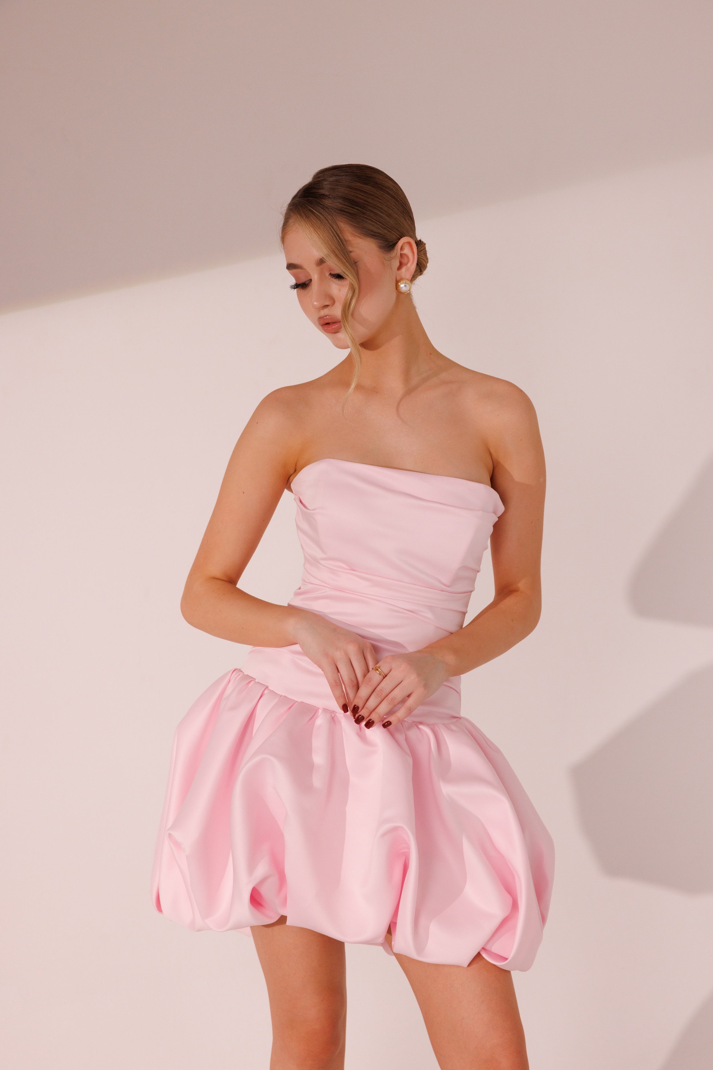 Front view of Flora Dress in pink color by Lafatale Atelier