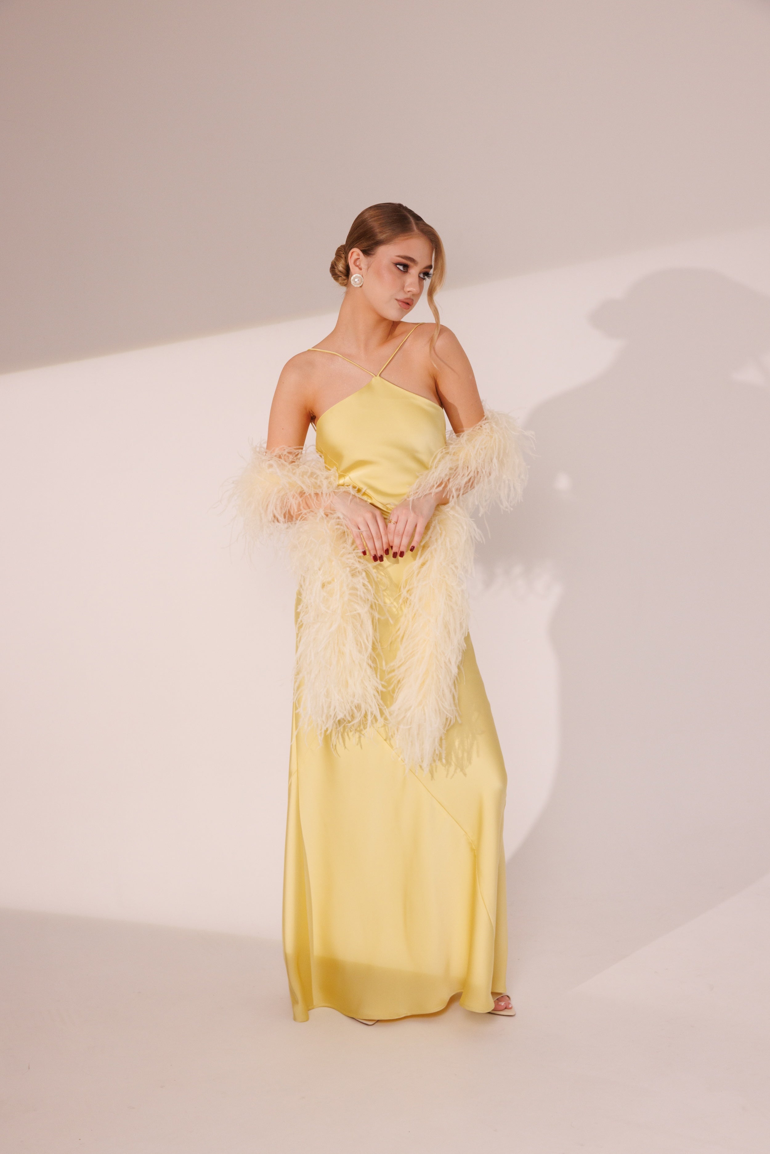Full-length view of Elara yellow maxi dress by Lafatale Atelier