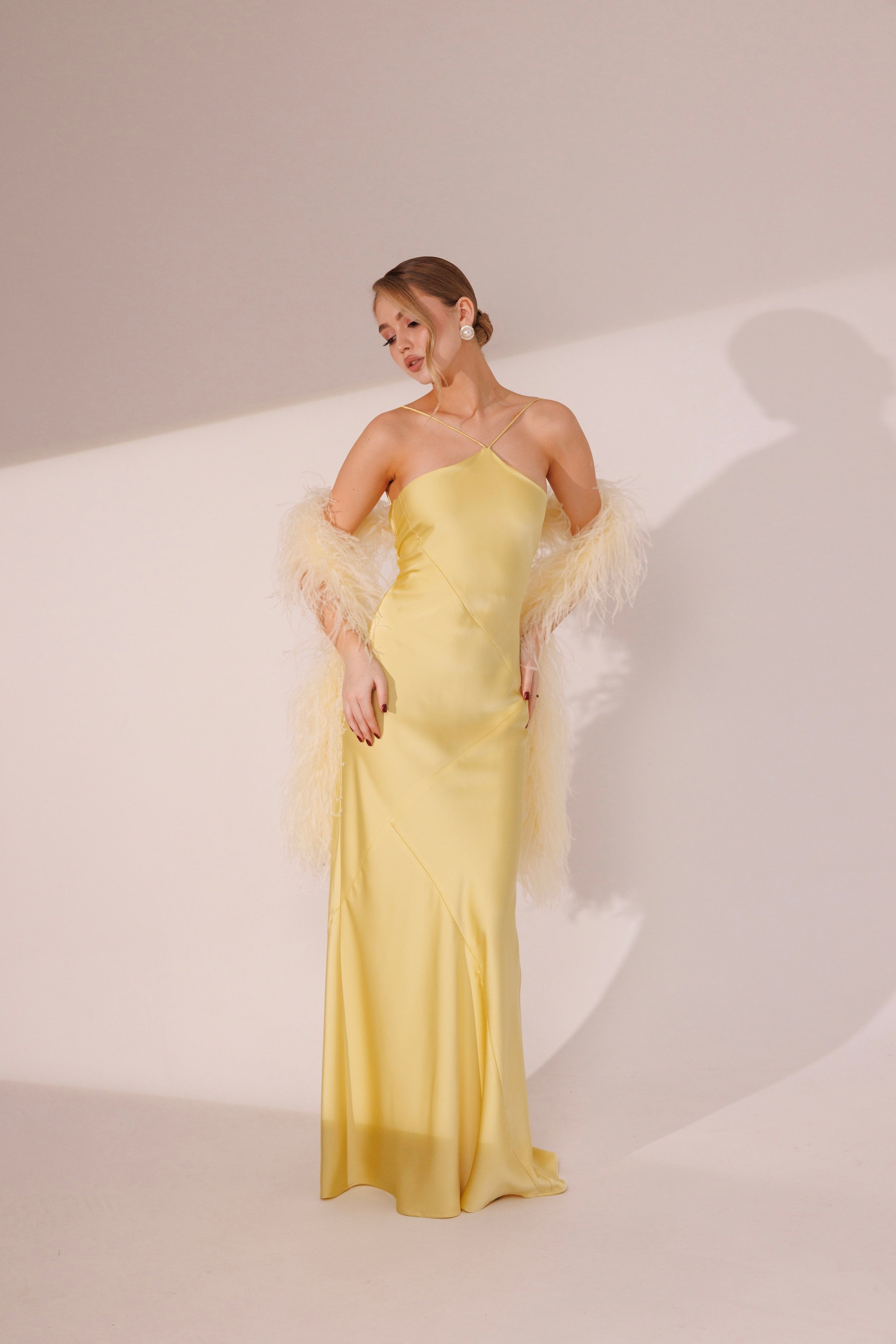 Full-length view of Elara yellow maxi dress by Lafatale Atelier