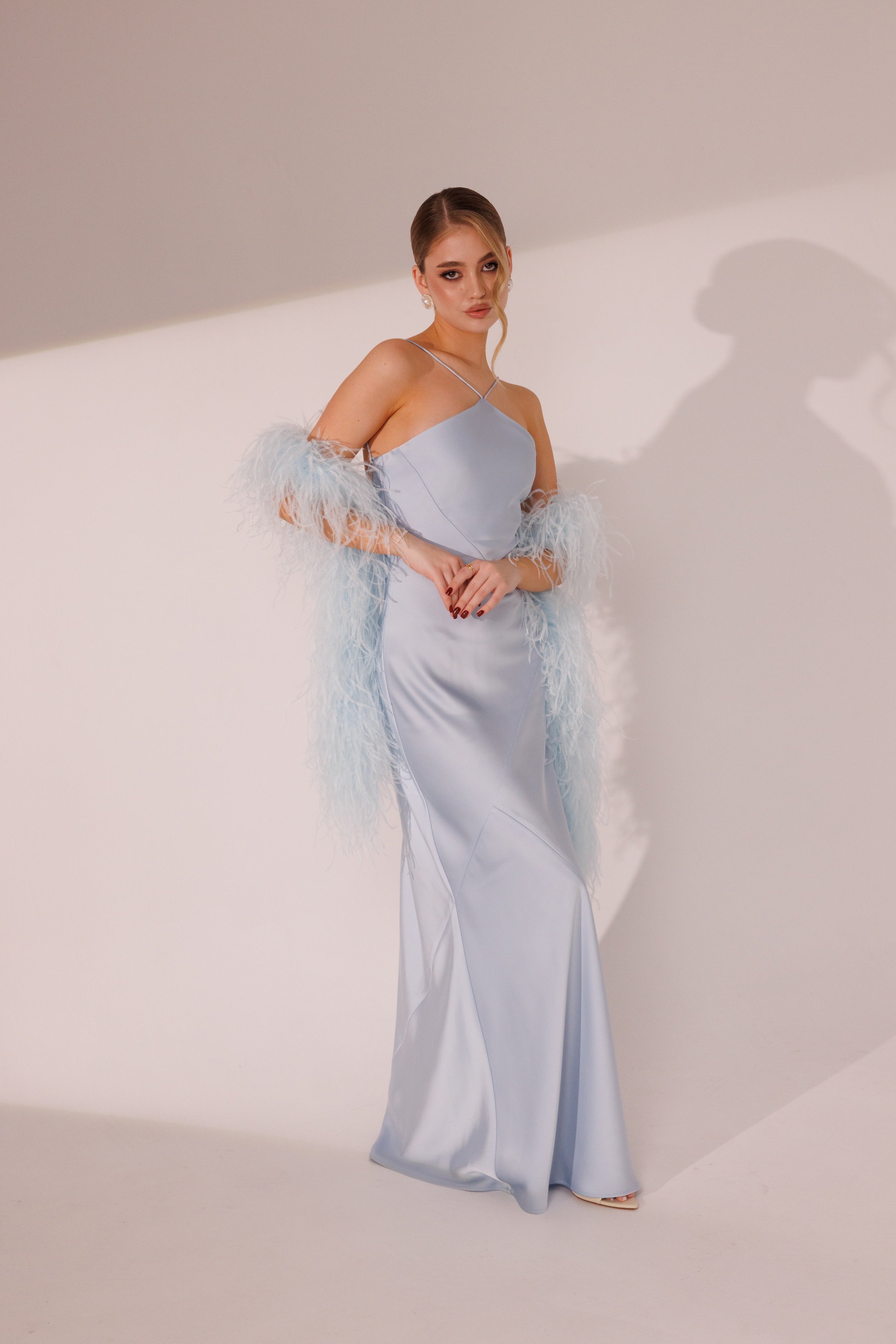Full-length view of Elara Dress in blue color by Lafatale Atelier