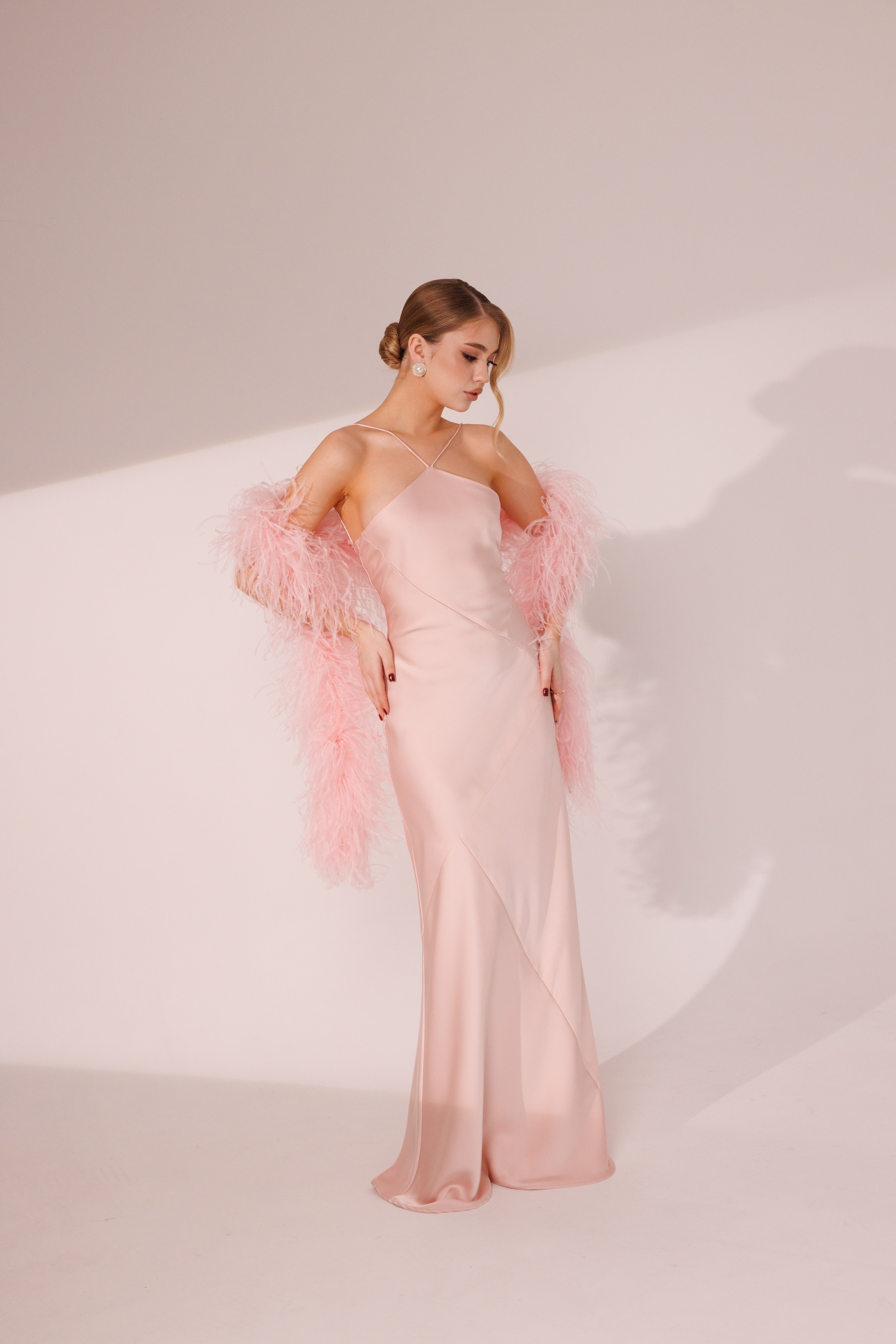 Elara Dress in pink color with open back and elegant maxi silhouette by Lafatale Atelier