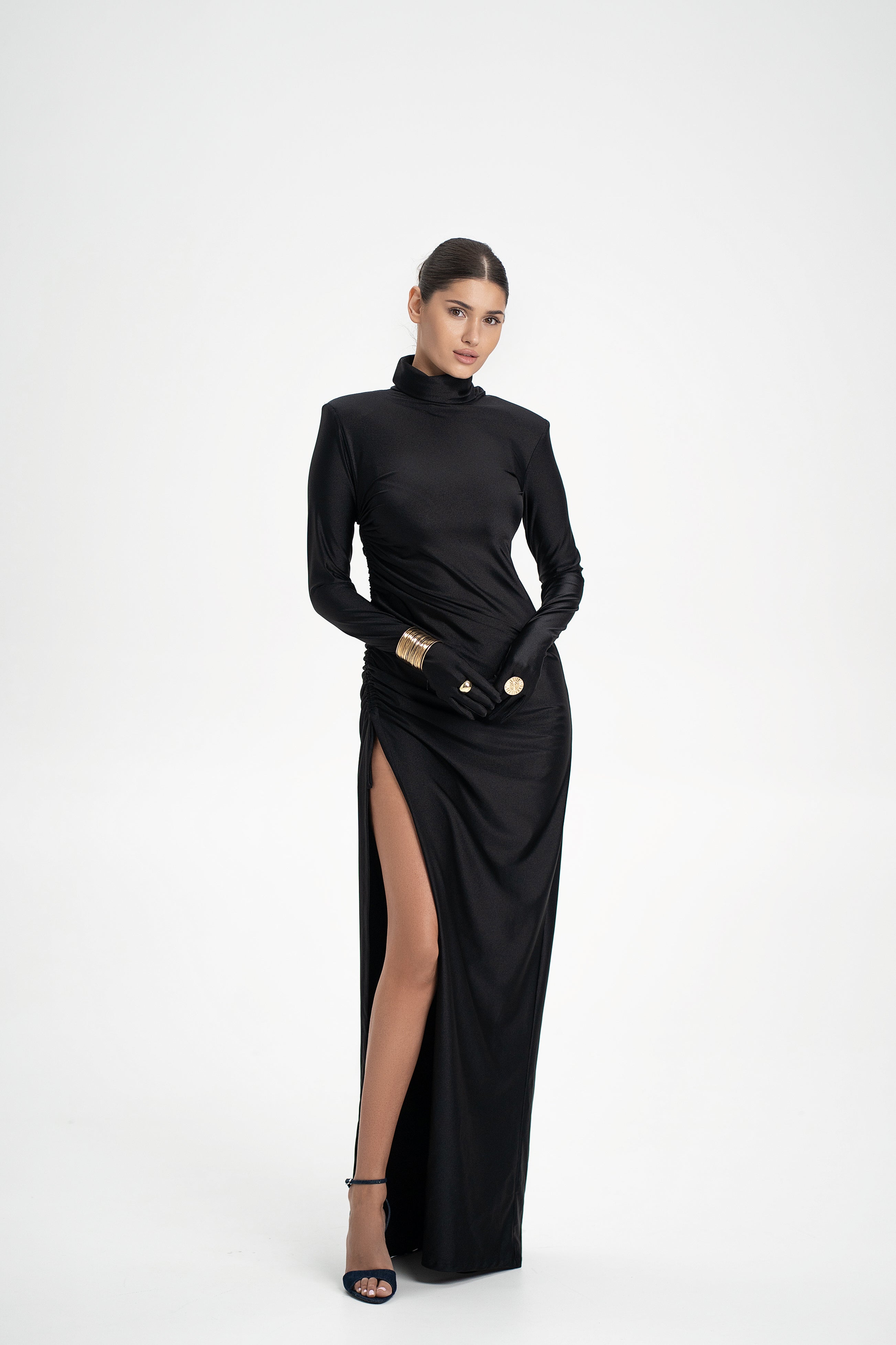 Olivia Dress in black color with long sleeves and high slit by Lafatale Atelier